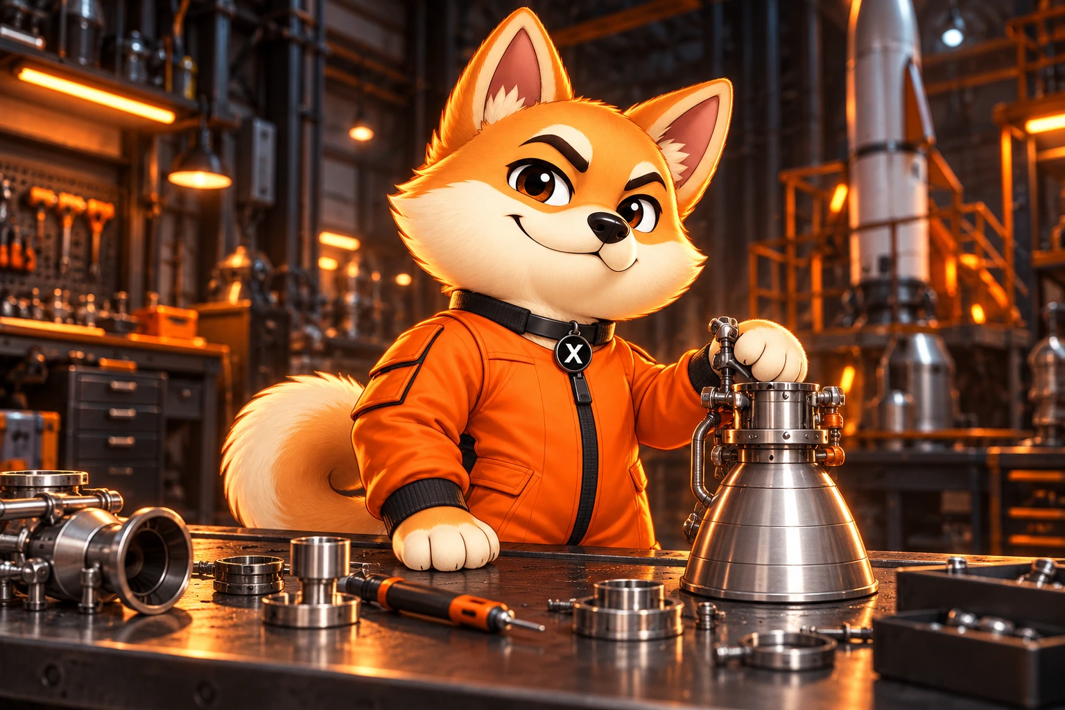 X, EI’s chief engineer, assembling a rocket engine in his workshop